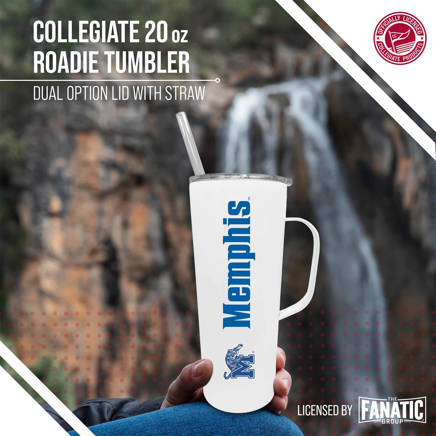 Memphis  Tigers NCAA Stainless Steel 20oz Roadie With Handle & Dual Option Lid With Straw - White