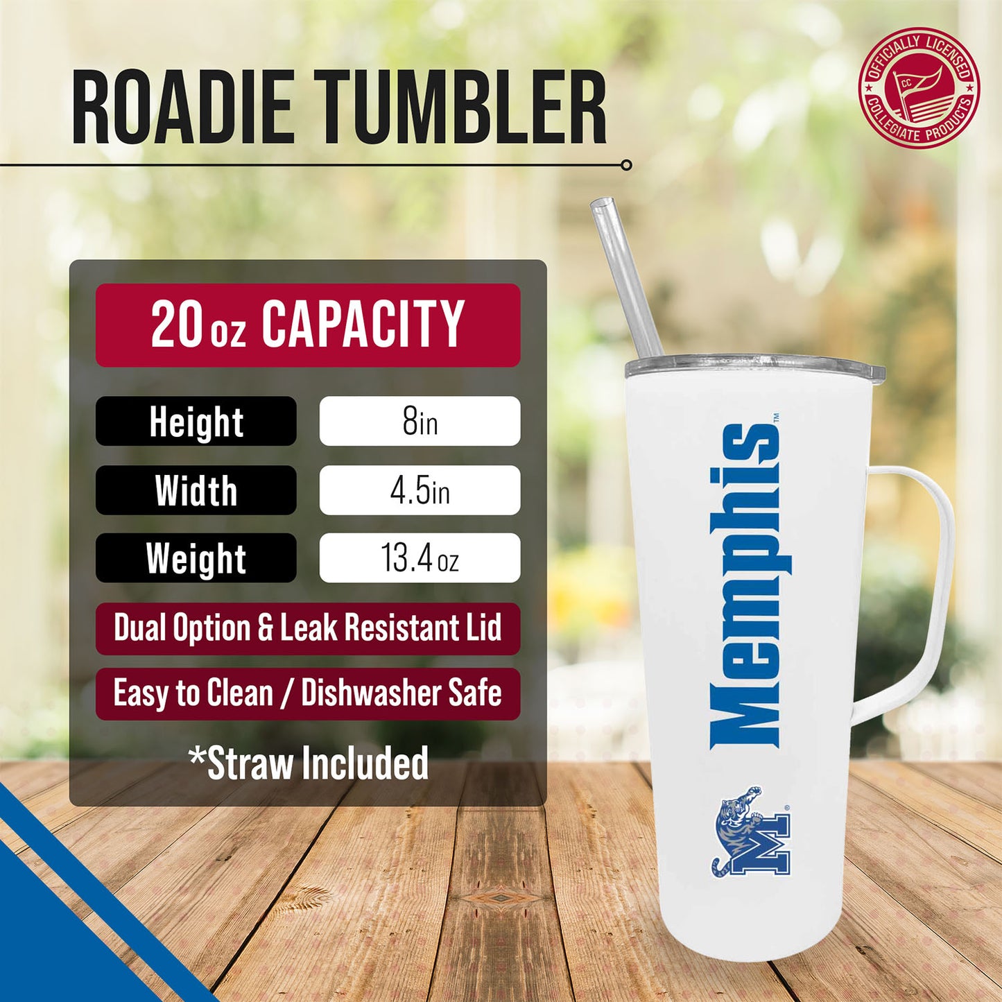 Memphis  Tigers NCAA Stainless Steel 20oz Roadie With Handle & Dual Option Lid With Straw - White