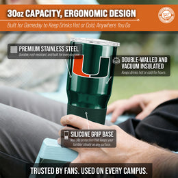 Miami Hurricanes NCAA University 30oz Stainless Steel Vacuum Insulated Game Day Tumbler with Silicone Grip - Hunter Green