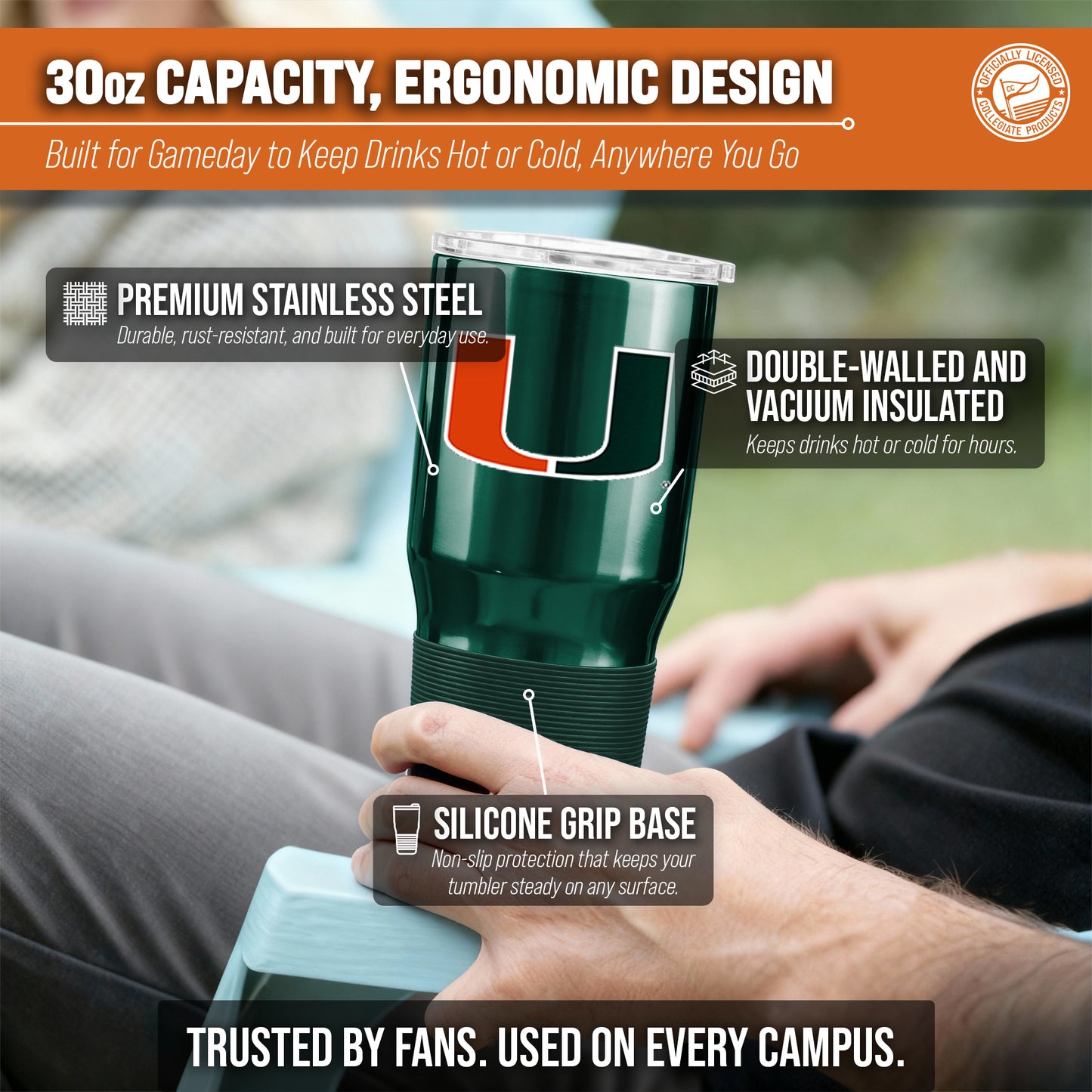 Miami Hurricanes NCAA University 30oz Stainless Steel Vacuum Insulated Game Day Tumbler with Silicone Grip - Hunter Green