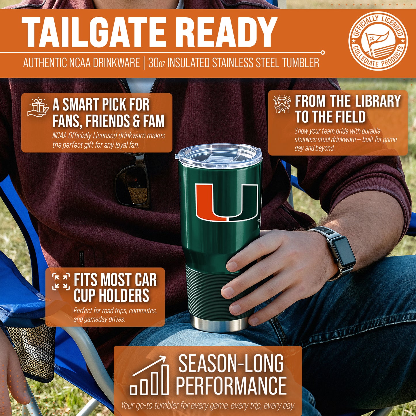 Miami Hurricanes NCAA University 30oz Stainless Steel Vacuum Insulated Game Day Tumbler with Silicone Grip - Hunter Green