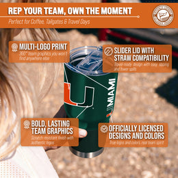 Miami Hurricanes NCAA University 30oz Stainless Steel Vacuum Insulated Game Day Tumbler with Silicone Grip - Hunter Green