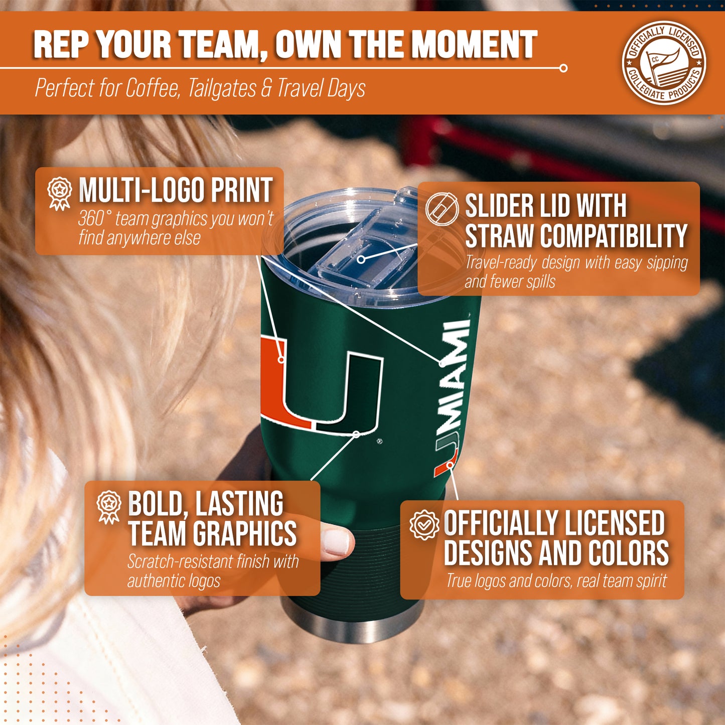 Miami Hurricanes NCAA University 30oz Stainless Steel Vacuum Insulated Game Day Tumbler with Silicone Grip - Hunter Green