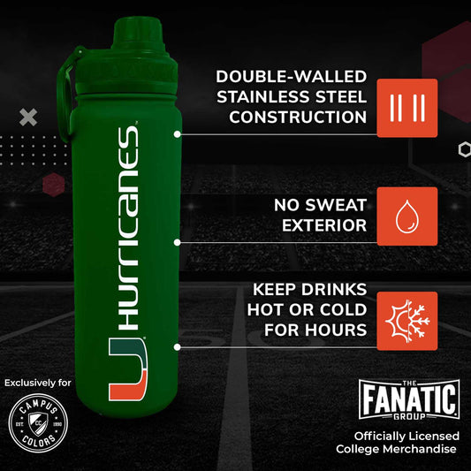 Miami Hurricanes  Stainless Steel Water Bottle 24 oz Insulated - Green