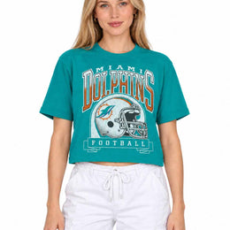 Miami Dolphins  Women's Franchise Helmet Crop T-Shirt Mock Neck - Teal
