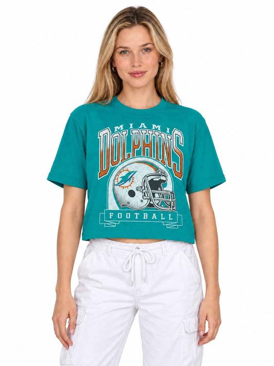 Miami Dolphins  Women's Franchise Helmet Crop T-Shirt Mock Neck - Teal