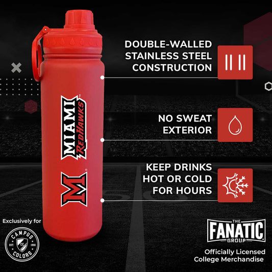 Miami Redhawks Miami Ohio RedHawks Stainless Steel Water Bottle 24 oz Insulated - Red