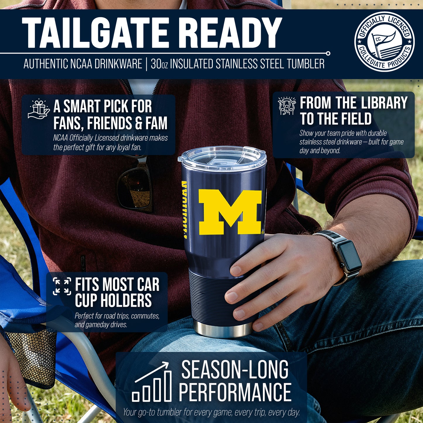 Michigan Wolverines NCAA University 30oz Stainless Steel Vacuum Insulated Game Day Tumbler with Silicone Grip - Navy