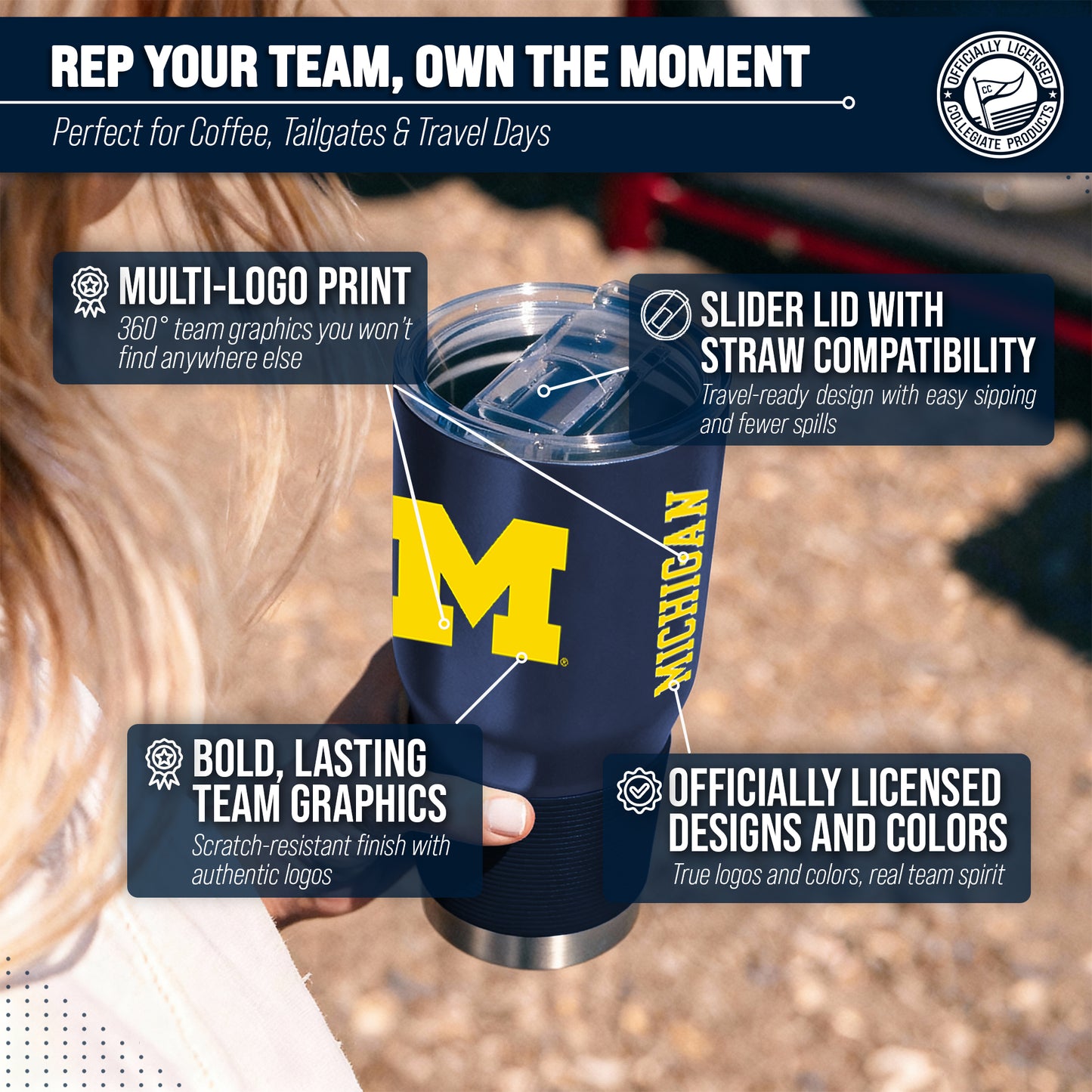Michigan Wolverines NCAA University 30oz Stainless Steel Vacuum Insulated Game Day Tumbler with Silicone Grip - Navy