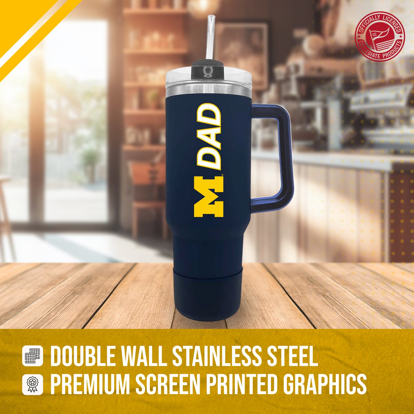 Michigan Wolverines Collegiate 40oz Stainless Steel Travel Tumbler with Handle for Dad - Navy