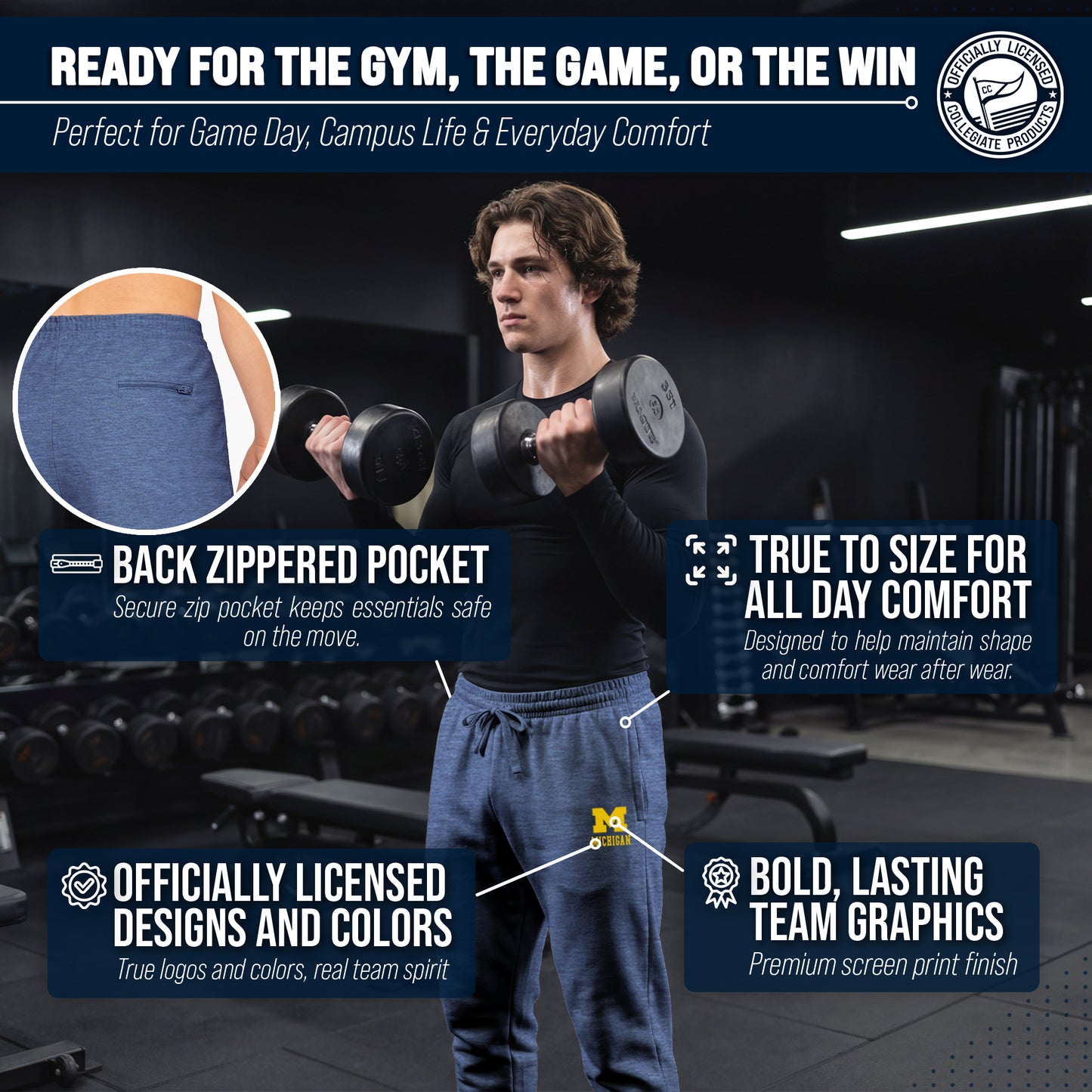 Michigan Wolverines NCAA Men’s University Cloud Jersey Performance Jogger Pants with Drawstring Waistband - Navy Heather