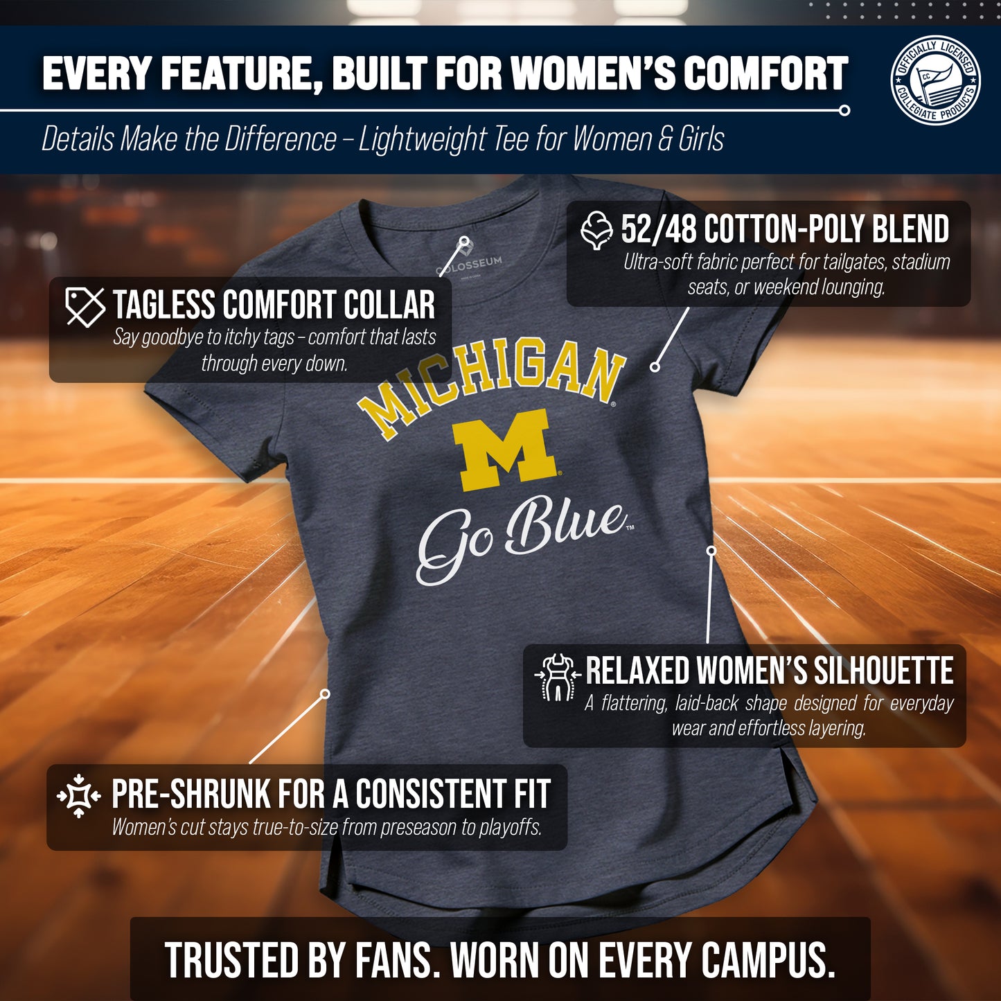Michigan Wolverines NCAA Womens Tag-Less Ultra Soft Tailgate T-Shirt - Navy Heather