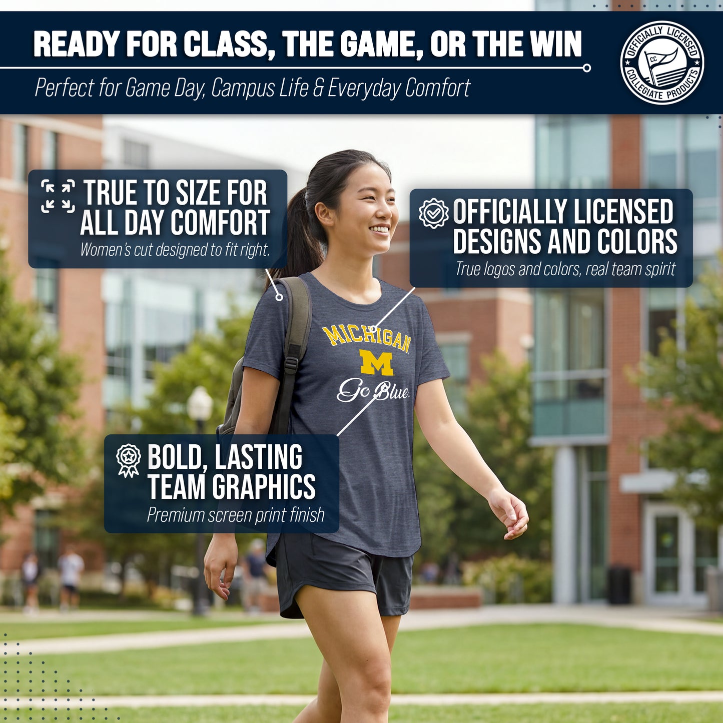 Michigan Wolverines NCAA Womens Tag-Less Ultra Soft Tailgate T-Shirt - Navy Heather