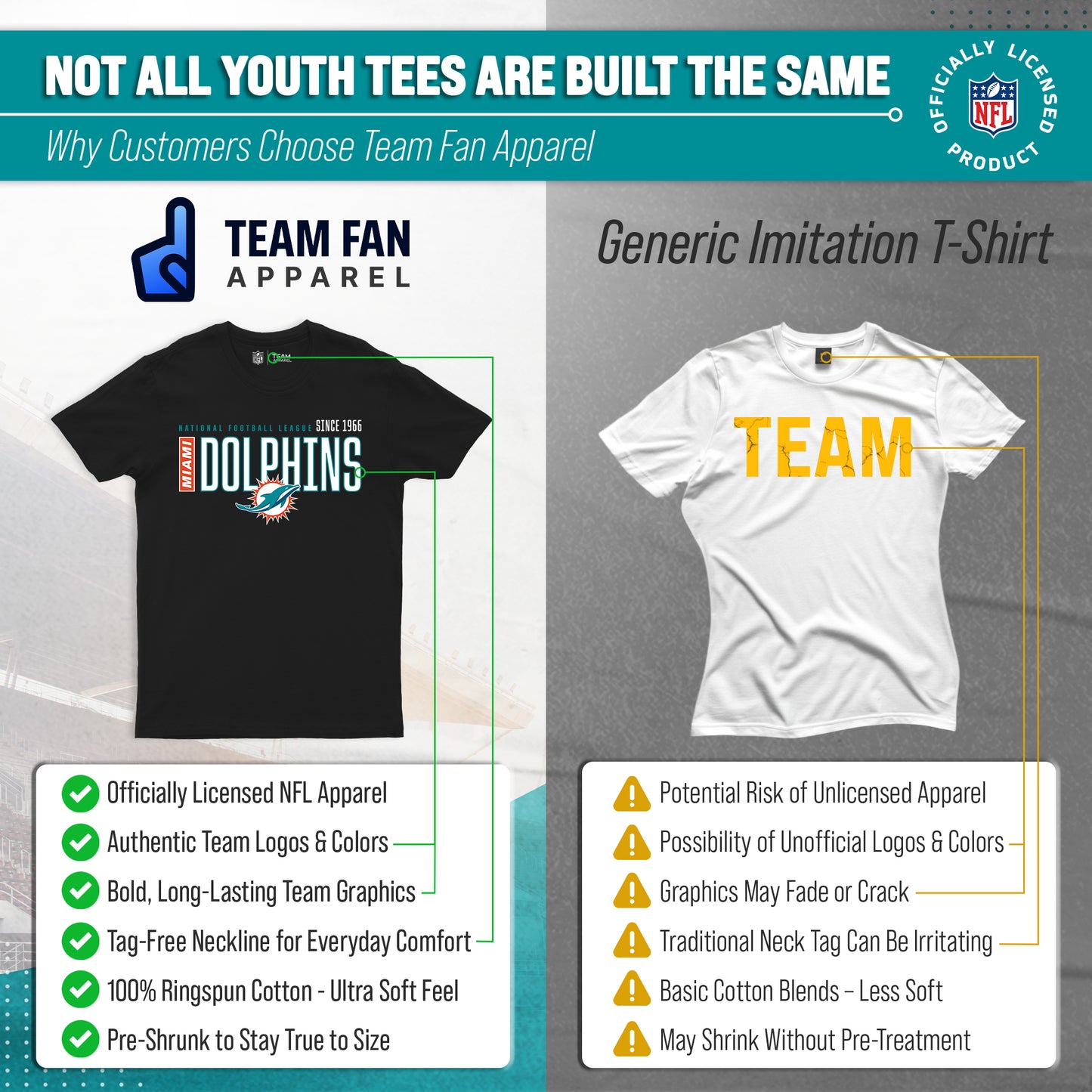 Miami Dolphins NFL Youth Modern Endzone Football T-Shirt Unisex Tag Free Comfortable - Black