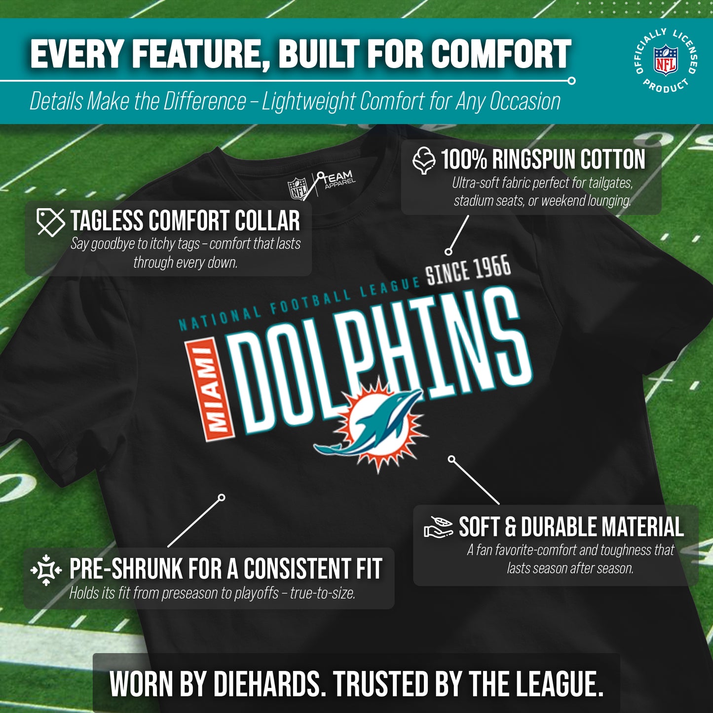 Miami Dolphins NFL Youth Modern Endzone Football T-Shirt Unisex Tag Free Comfortable - Black