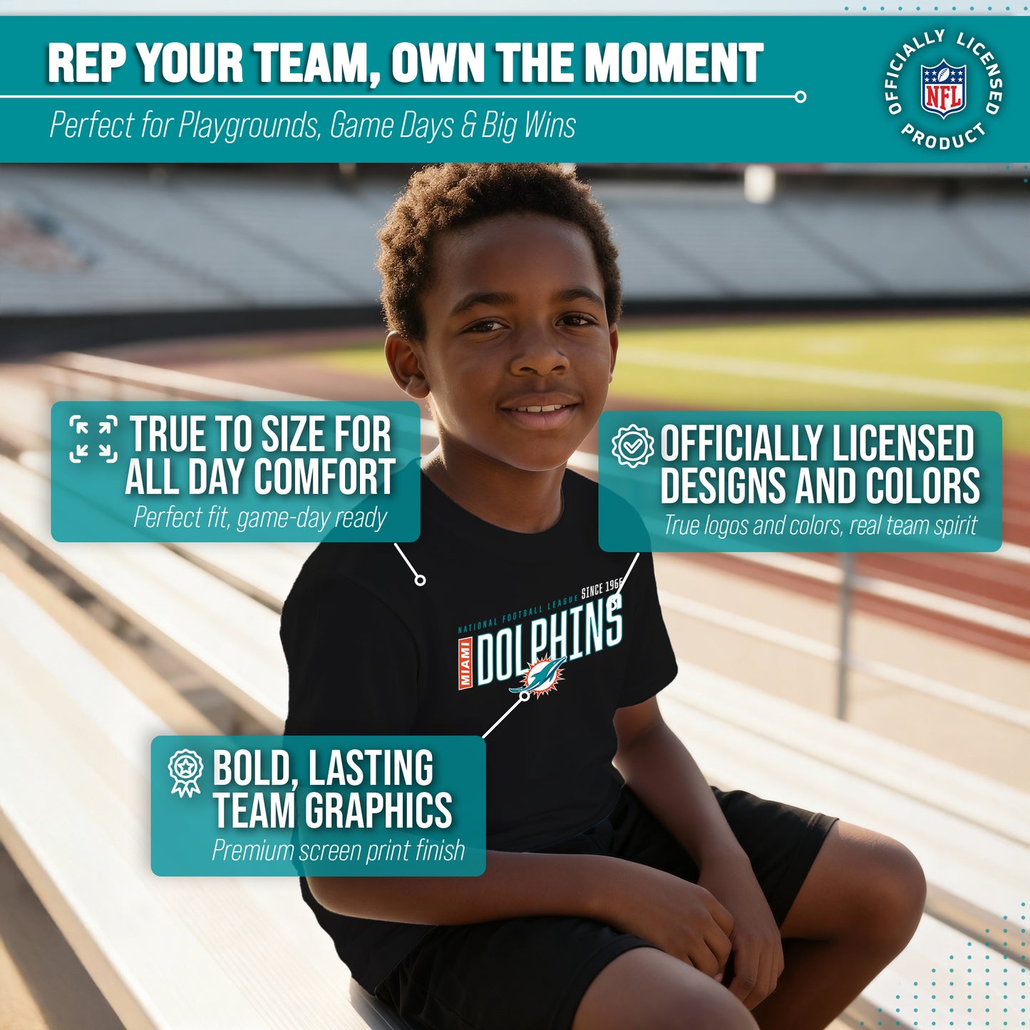 Miami Dolphins NFL Youth Modern Endzone Football T-Shirt Unisex Tag Free Comfortable - Black
