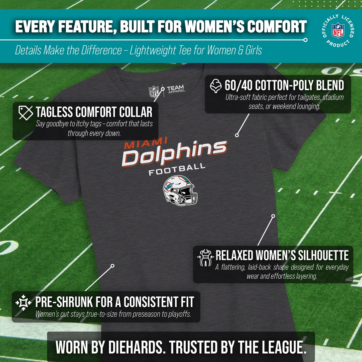 Miami Dolphins Women's NFL Football Helmet Short Sleeve Tagless T-Shirt - Charcoal