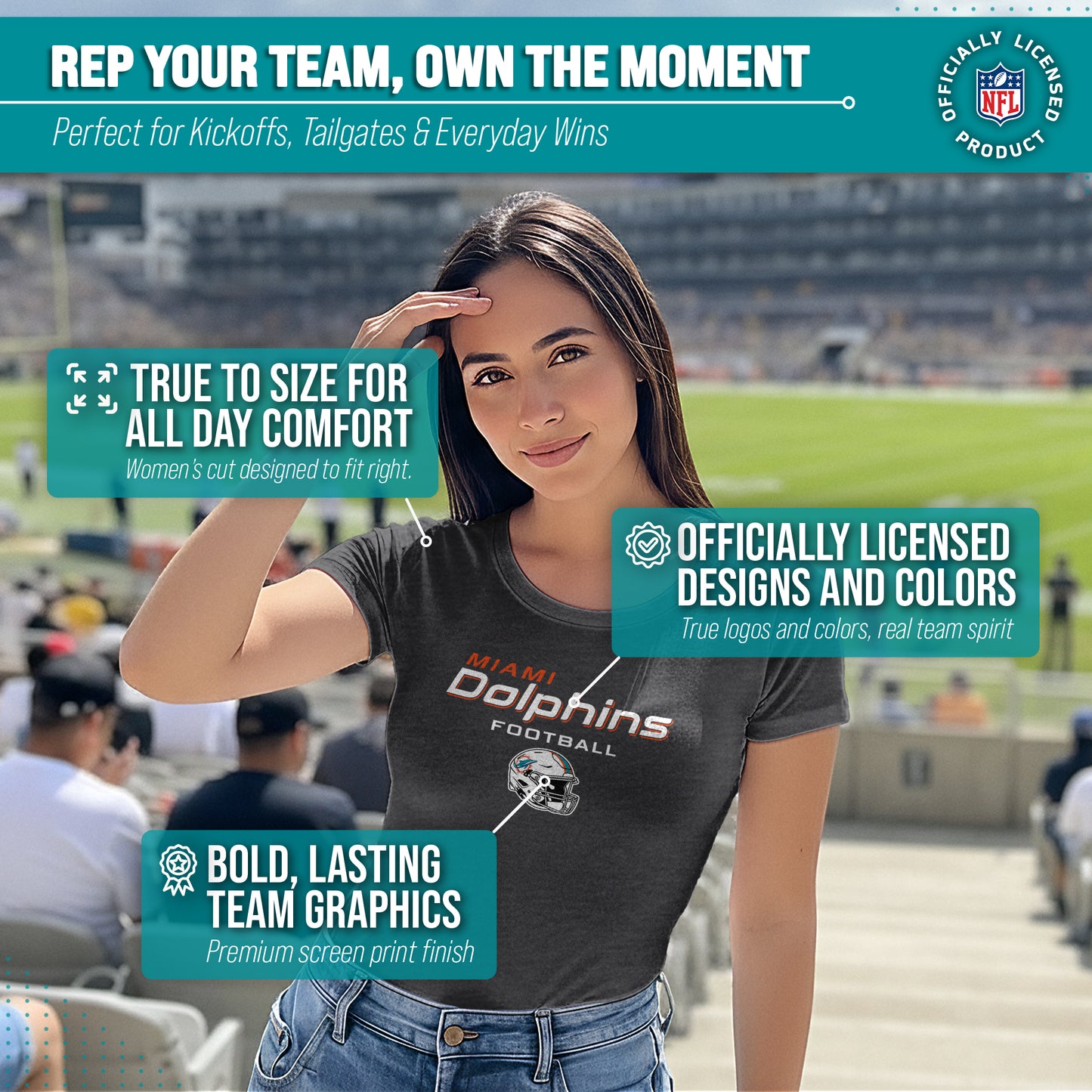 Miami Dolphins Women's NFL Football Helmet Short Sleeve Tagless T-Shirt - Charcoal