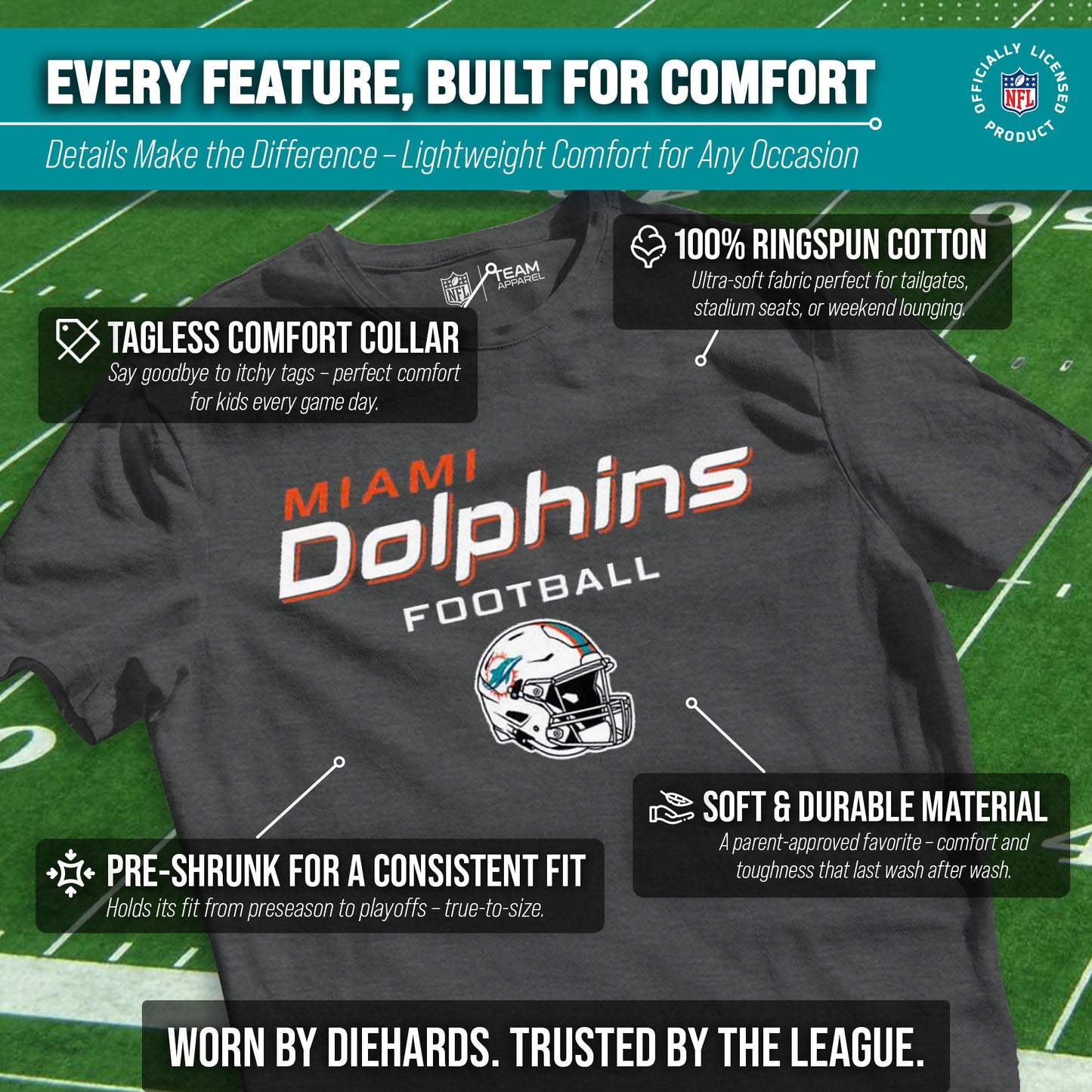 Miami Dolphins NFL Youth Football Helmet Tagless T-Shirt - Charcoal