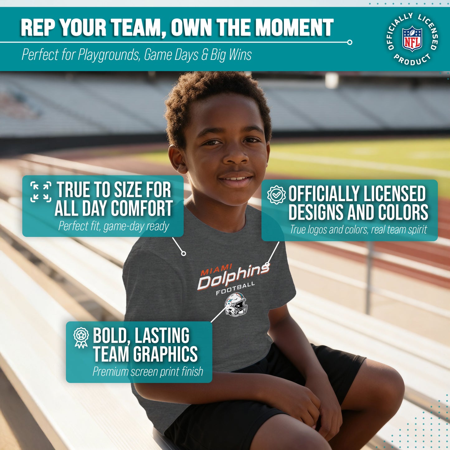 Miami Dolphins NFL Youth Football Helmet Tagless T-Shirt - Charcoal