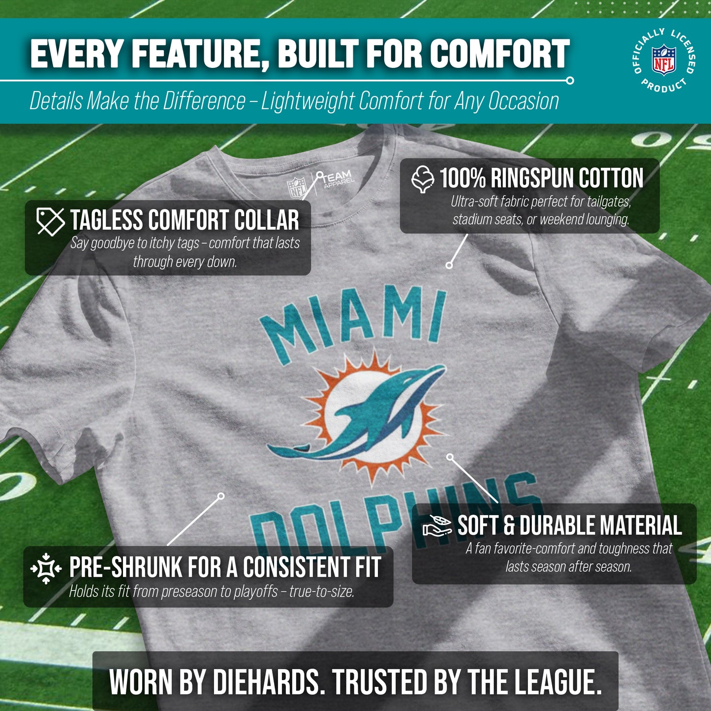 Miami Dolphins Team Fan Apparel NFL  Gameday T-Shirt - Gray