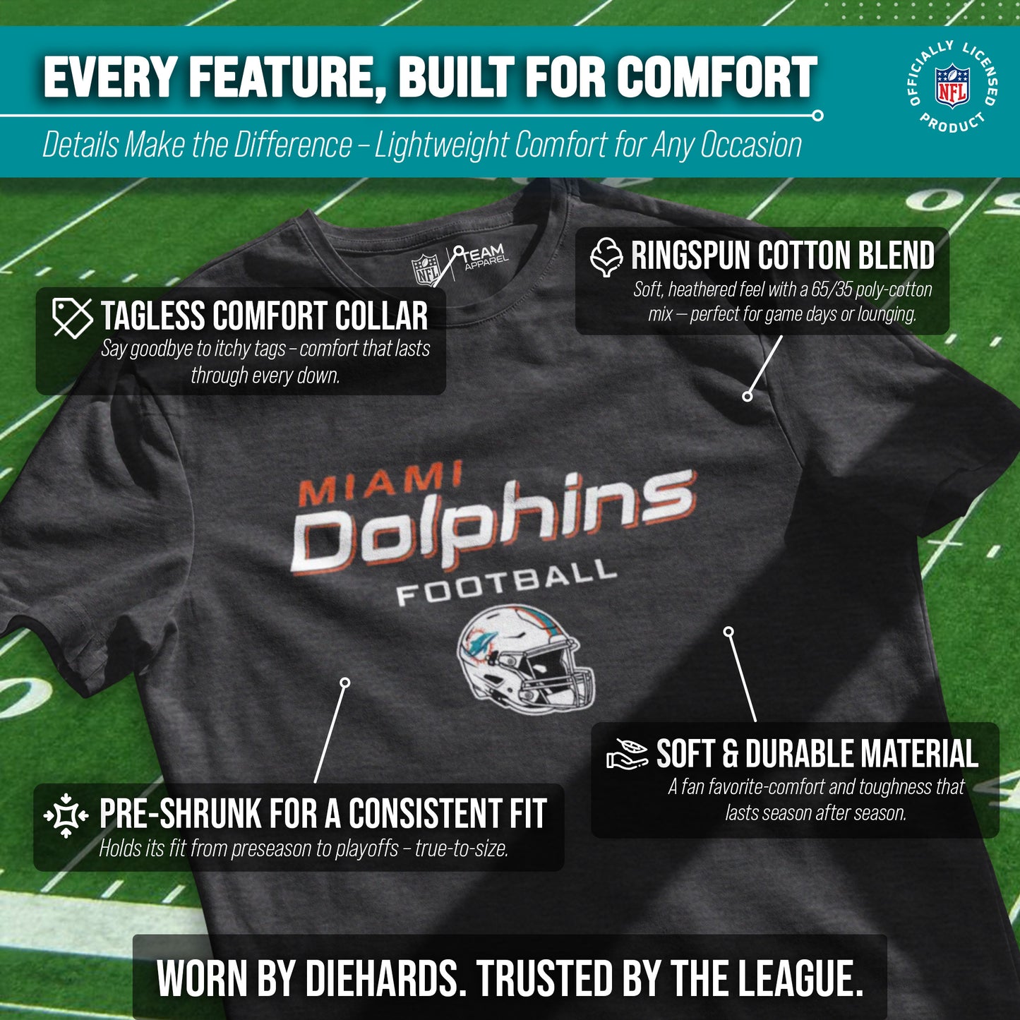 Miami Dolphins NFL Adult Football Helmet Tagless T-Shirt - Charcoal
