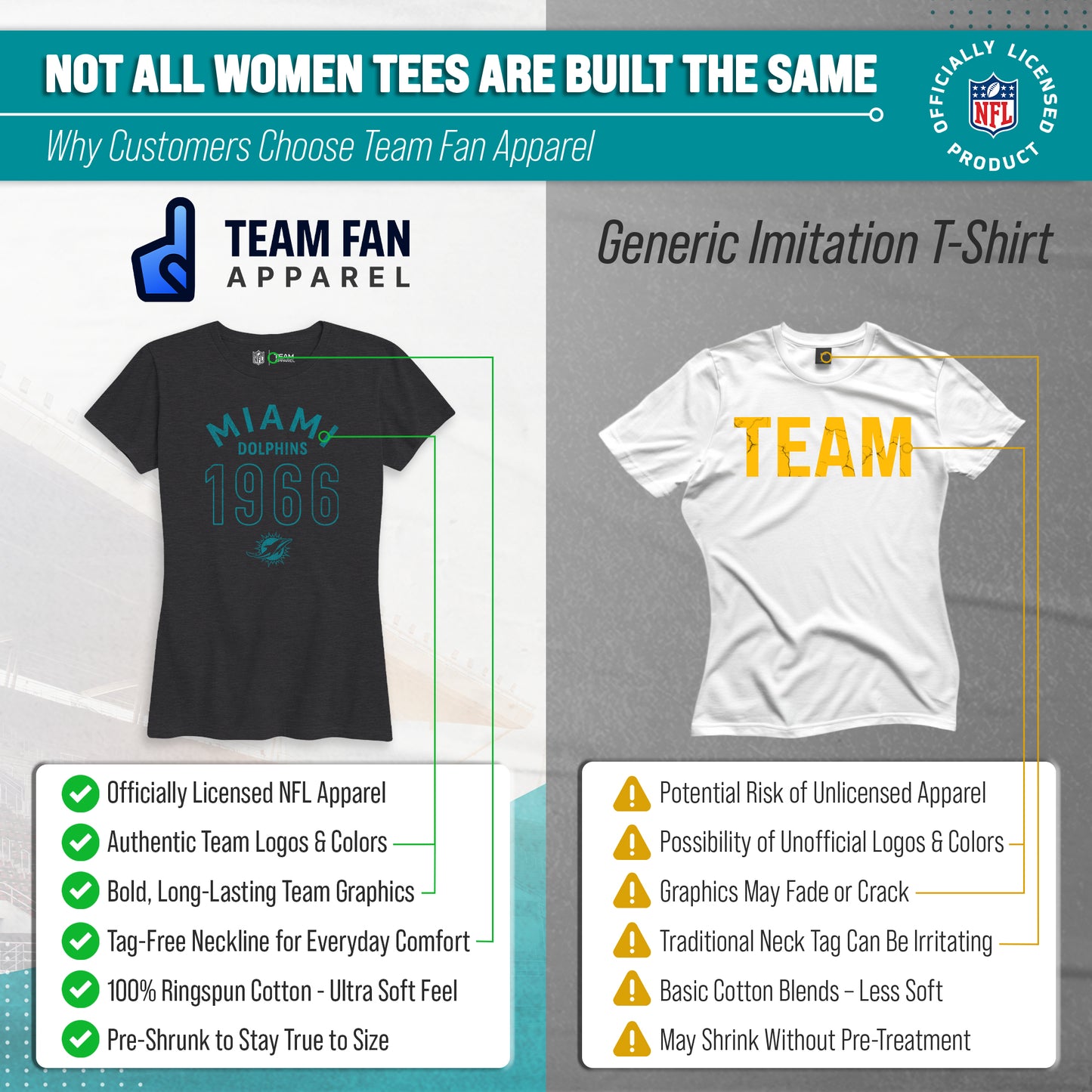 Miami Dolphins NFL Womens Big Date Tag-Less T-Shirt - Black