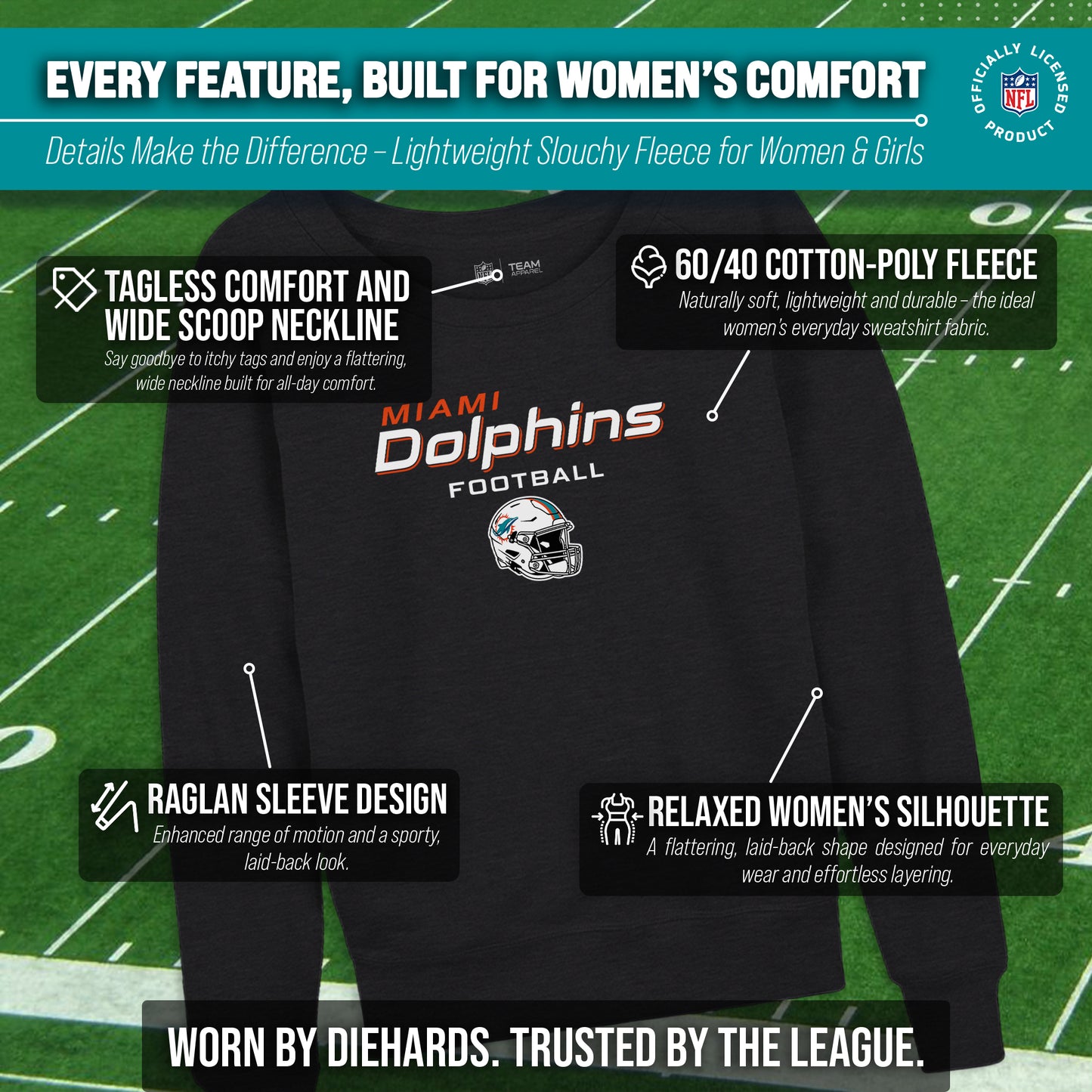 Miami Dolphins NFL Womens Helmet French Terry Slouchy Top - Charcoal
