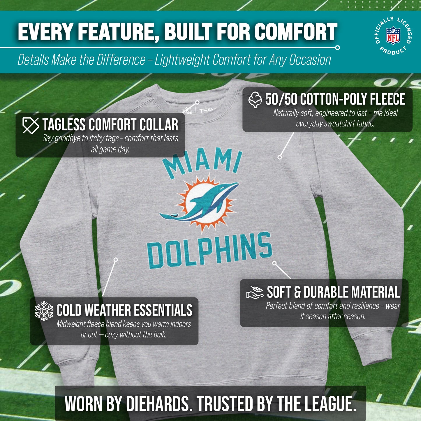 Miami Dolphins NFL Adult Gameday Football Crewneck Sweatshirt - Gray