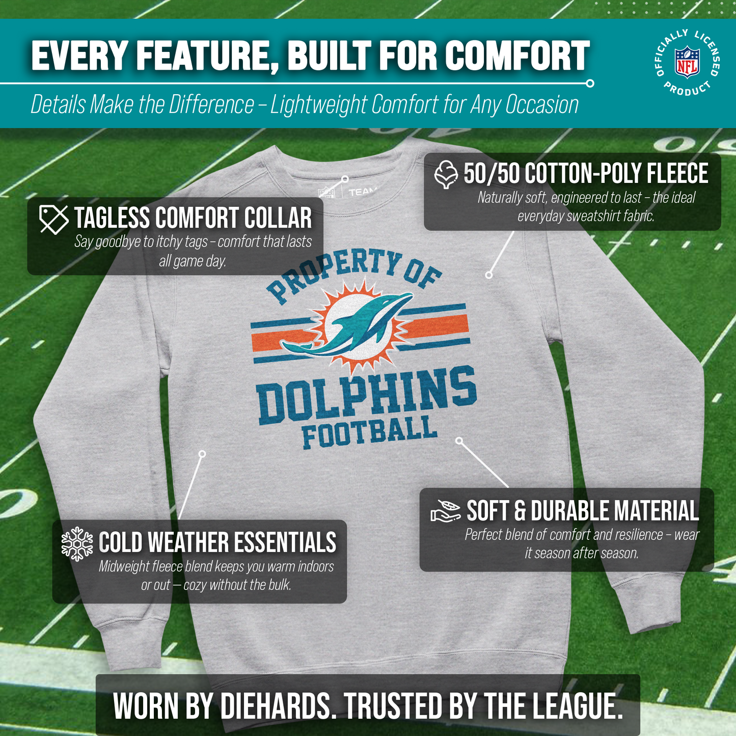 Miami Dolphins NFL Adult Property Of Crewneck Fleece Sweatshirt - Sport Gray