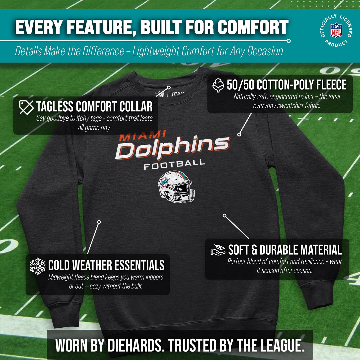 Miami Dolphins Adult NFL Football Helmet Heather Crewneck Sweatshirt - Charcoal