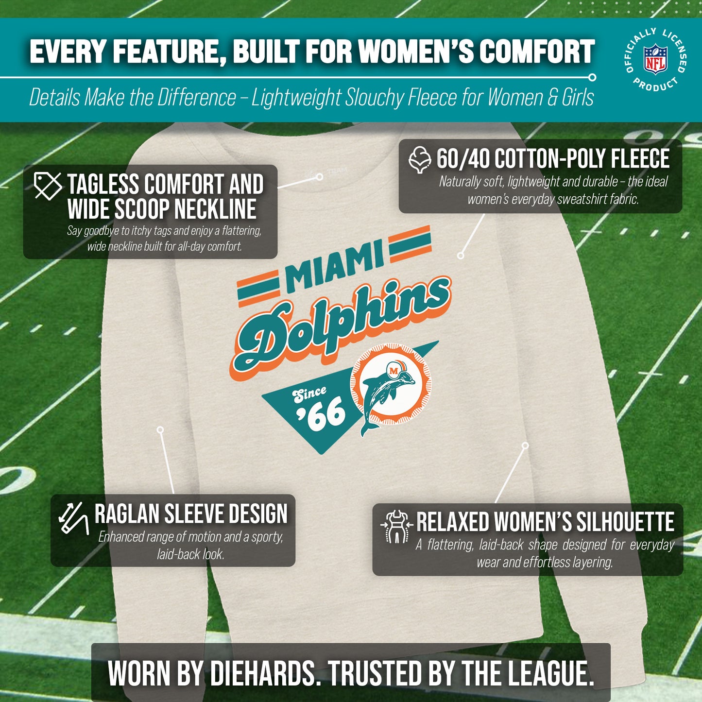 Miami Dolphins NFL Womens Vintage Charm French Terry Slouchy Top - Birch