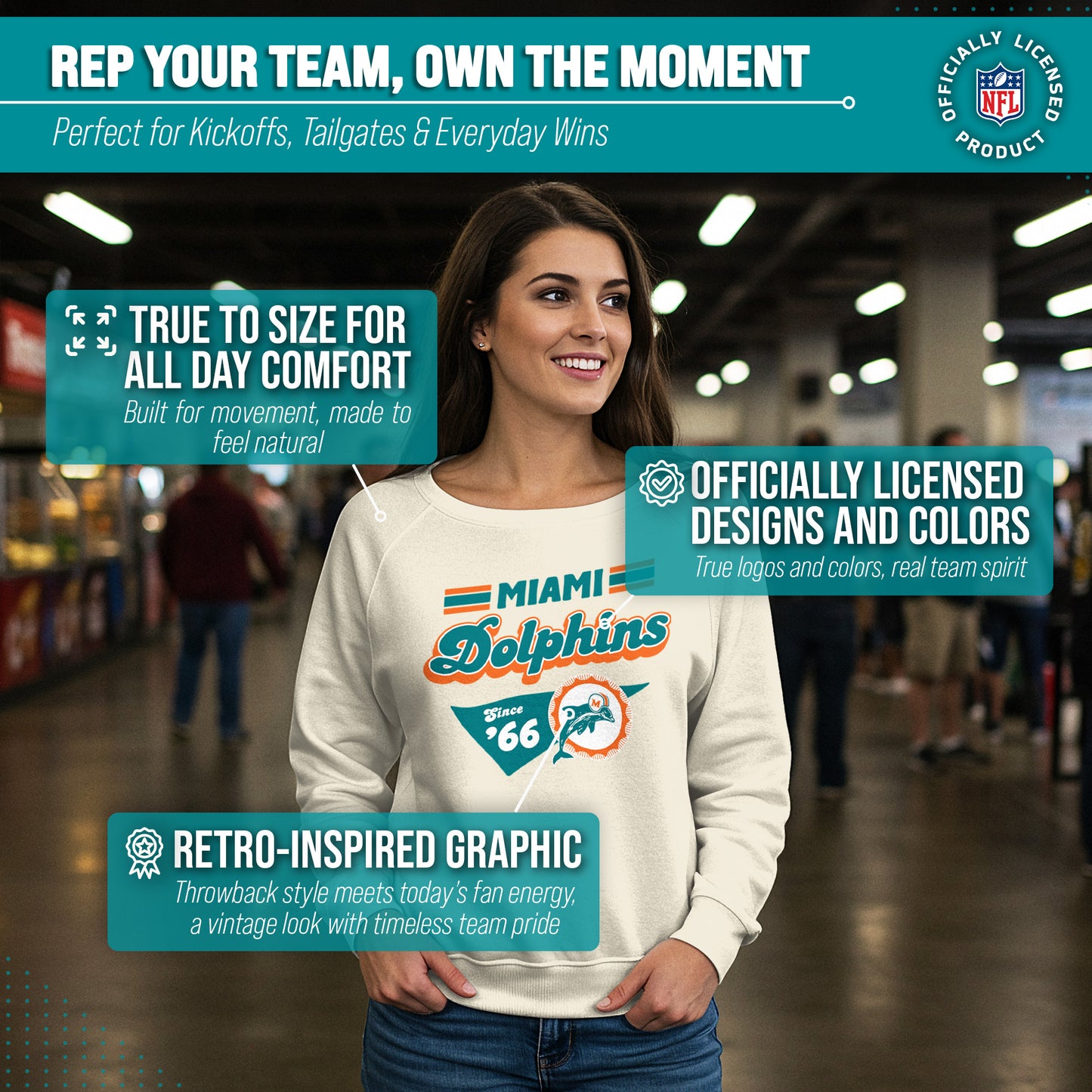Miami Dolphins NFL Womens Vintage Charm French Terry Slouchy Top - Birch