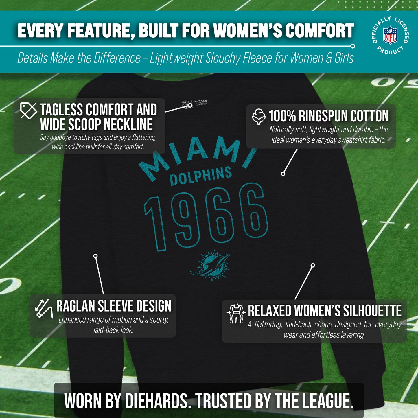 Miami Dolphins NFL Womens Big Date French Terry Slouchy Top - Black