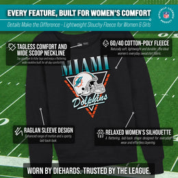 Miami Dolphins NFL Womens Retro Triangle French Terry Slouchy Top- Raglan Sleeves - Heather Charcoal