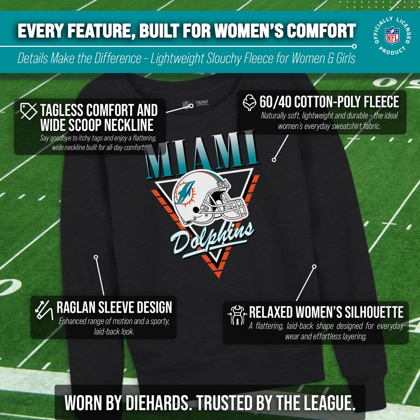 Miami Dolphins NFL Womens Retro Triangle French Terry Slouchy Top- Raglan Sleeves - Heather Charcoal
