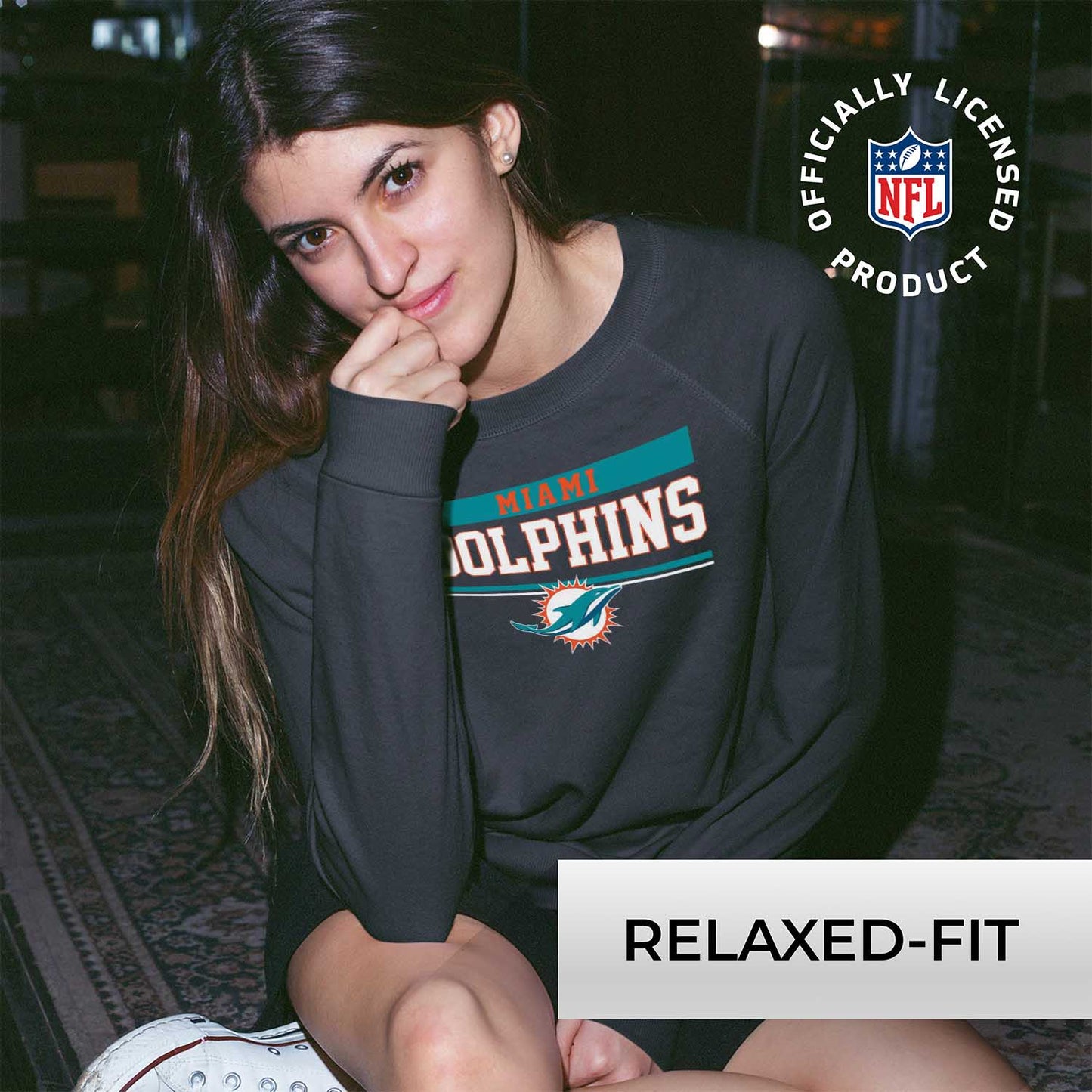Miami Dolphins NFL Womens Team Block French Terry Slouchy Top - Charcoal