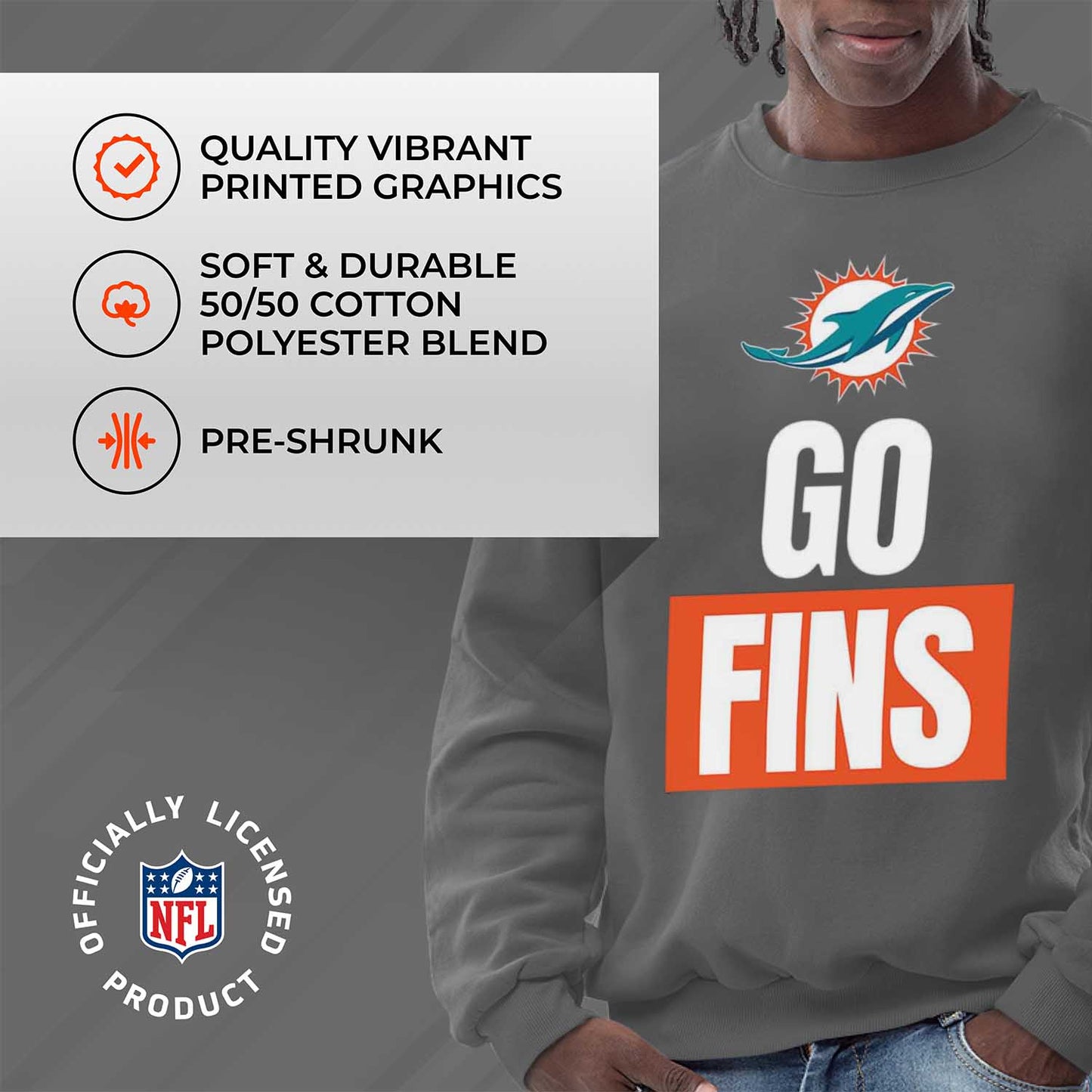 Miami Dolphins NFL Adult Slogan Crewneck Sweatshirt - Sport Gray