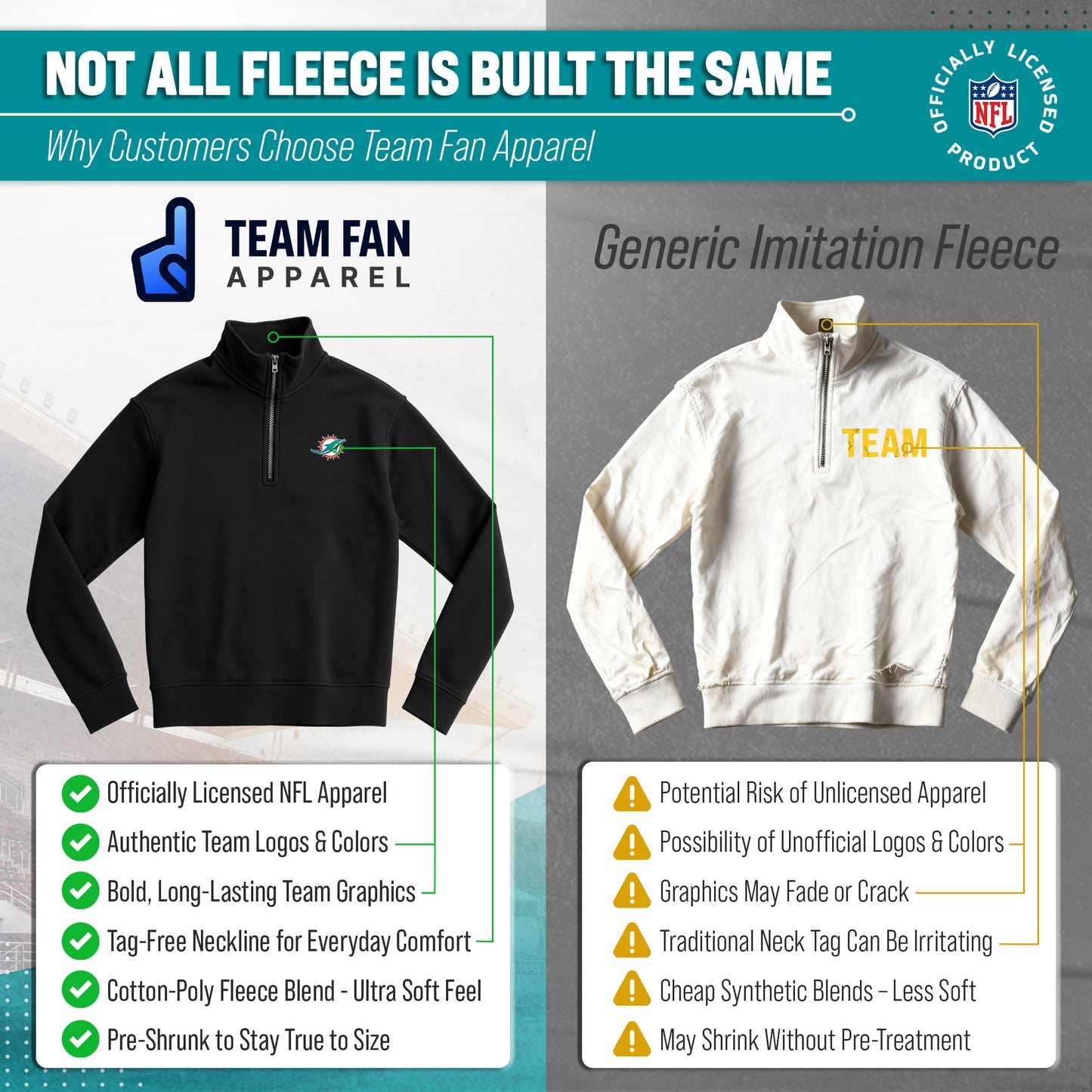 Miami Dolphins NFL Adult Unisex Team Logo Quarter Zip Pullover Sweatshirt - Black