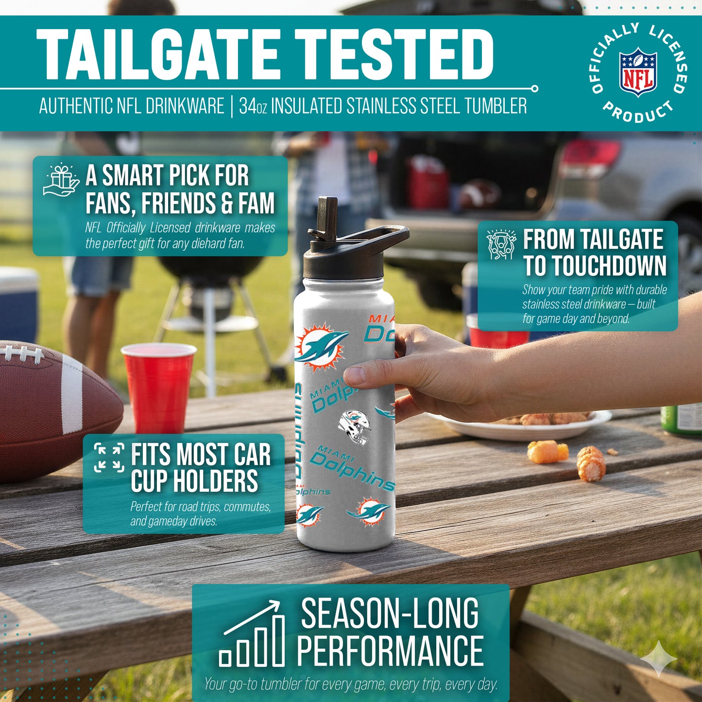 Miami Dolphins NFL 34oz Quencher Stainless Steel Insulated Water Bottle - White