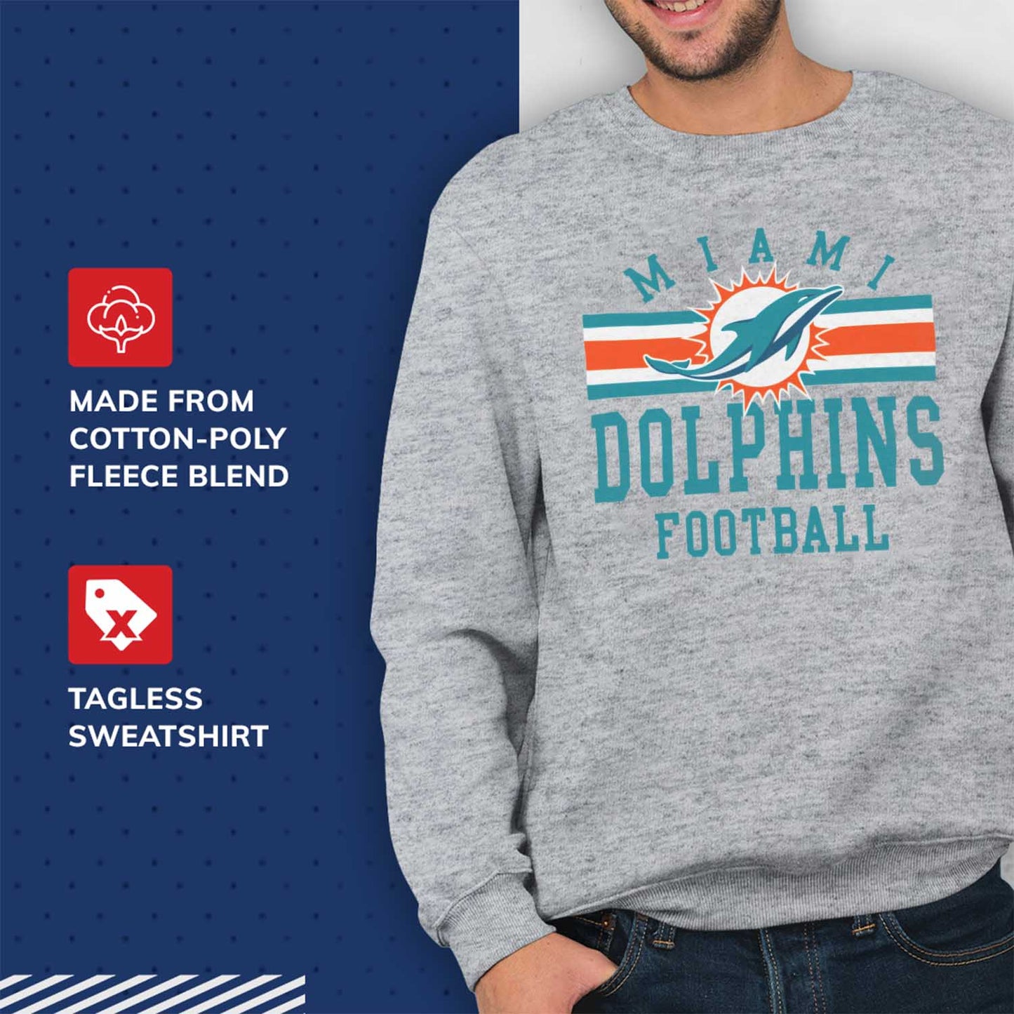 Miami Dolphins NFL Team Stripe Crew Sweatshirt - Sport Gray