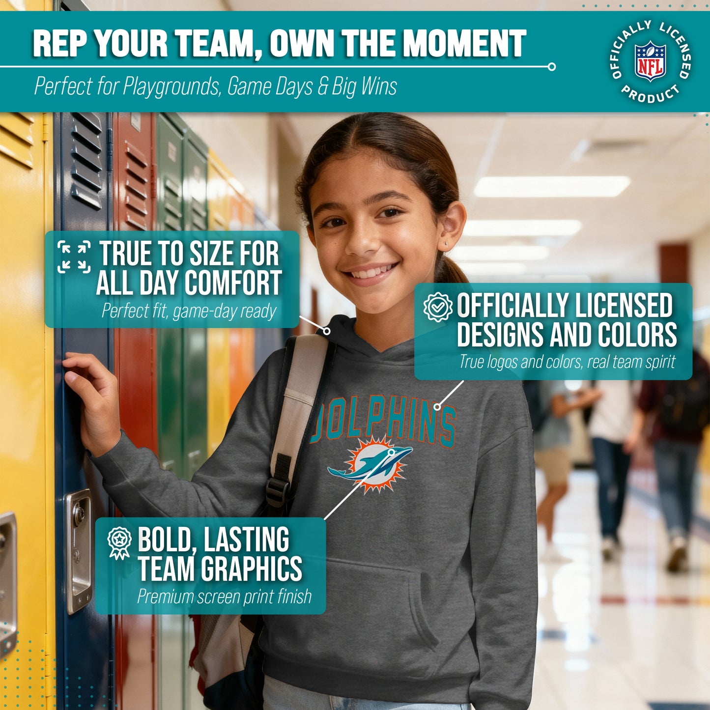 Miami Dolphins NFL Youth Home Team Hoodie- Kids Hooded Sweatshirt - Sport Gray