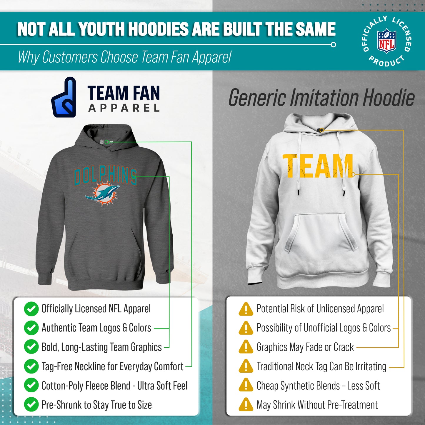 Miami Dolphins NFL Youth Home Team Hoodie- Kids Hooded Sweatshirt - Sport Gray