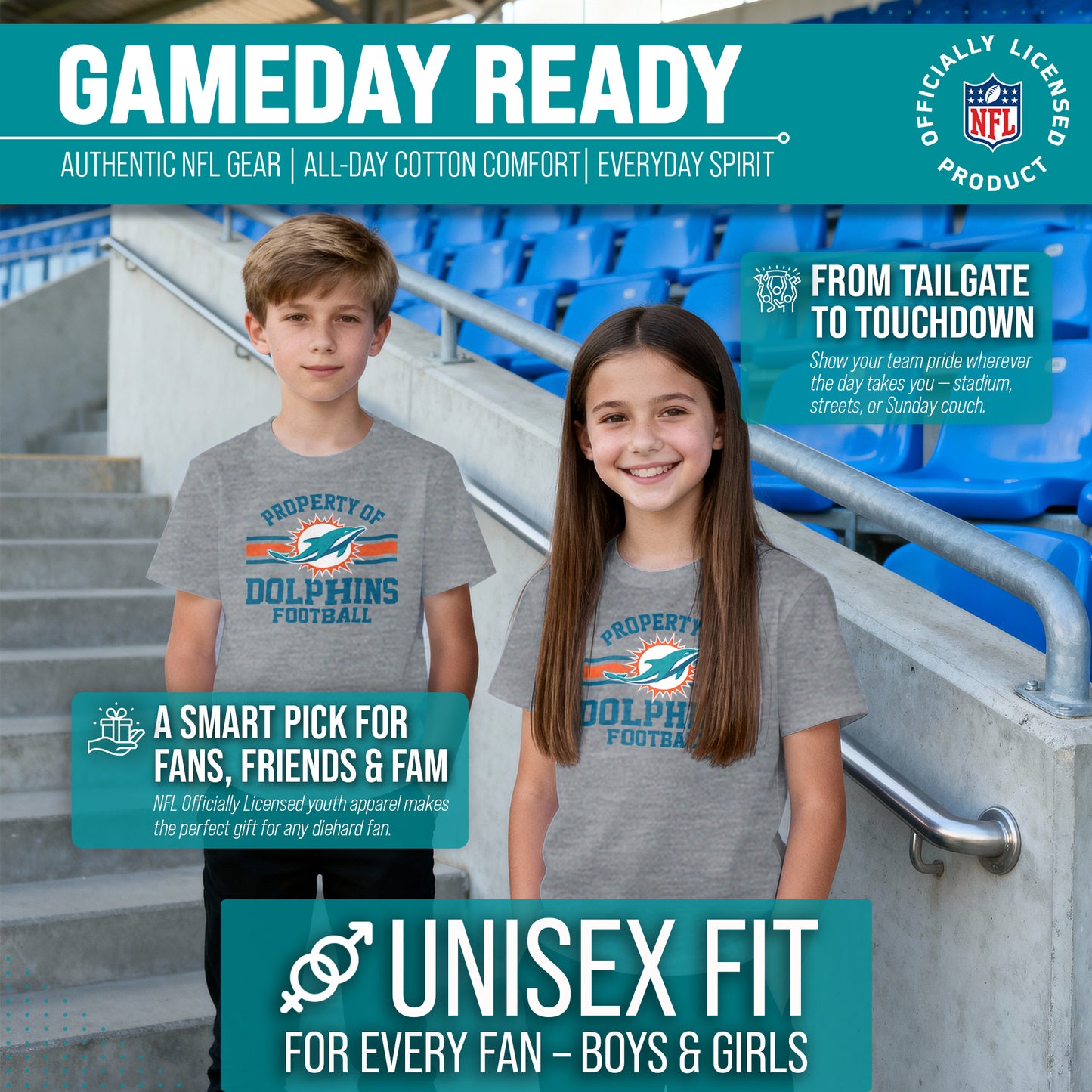 Miami Dolphins NFL Youth Property Of Short Sleeve Lightweight T Shirt - Sport Gray