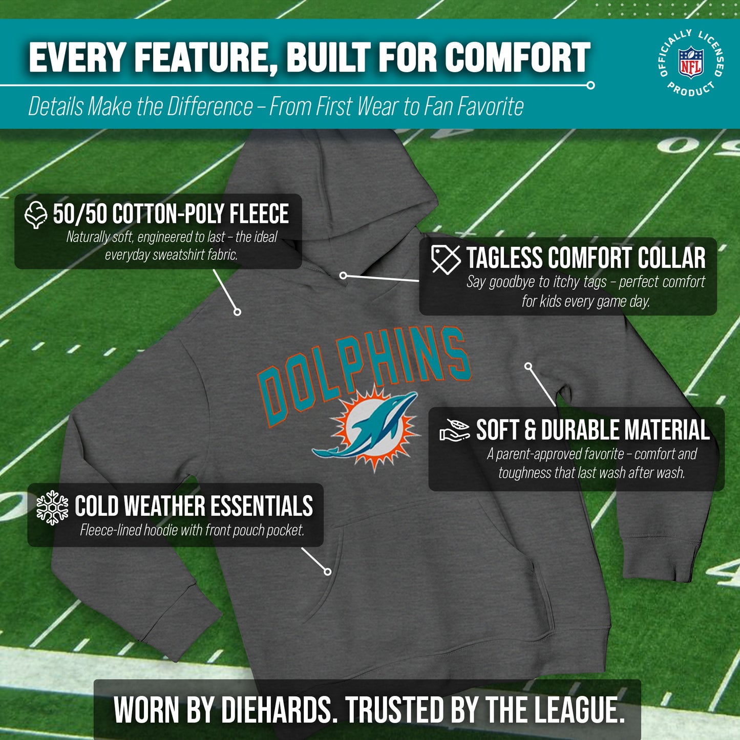 Miami Dolphins NFL Youth Home Team Hoodie- Kids Hooded Sweatshirt - Sport Gray