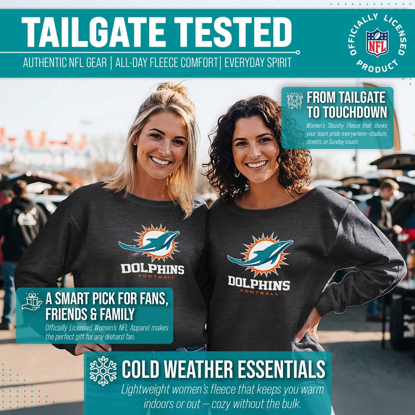 Miami Dolphins NFL Womens Ultimate Fan French Terry Slouchy Top- Raglan Sleeves - Charcoal