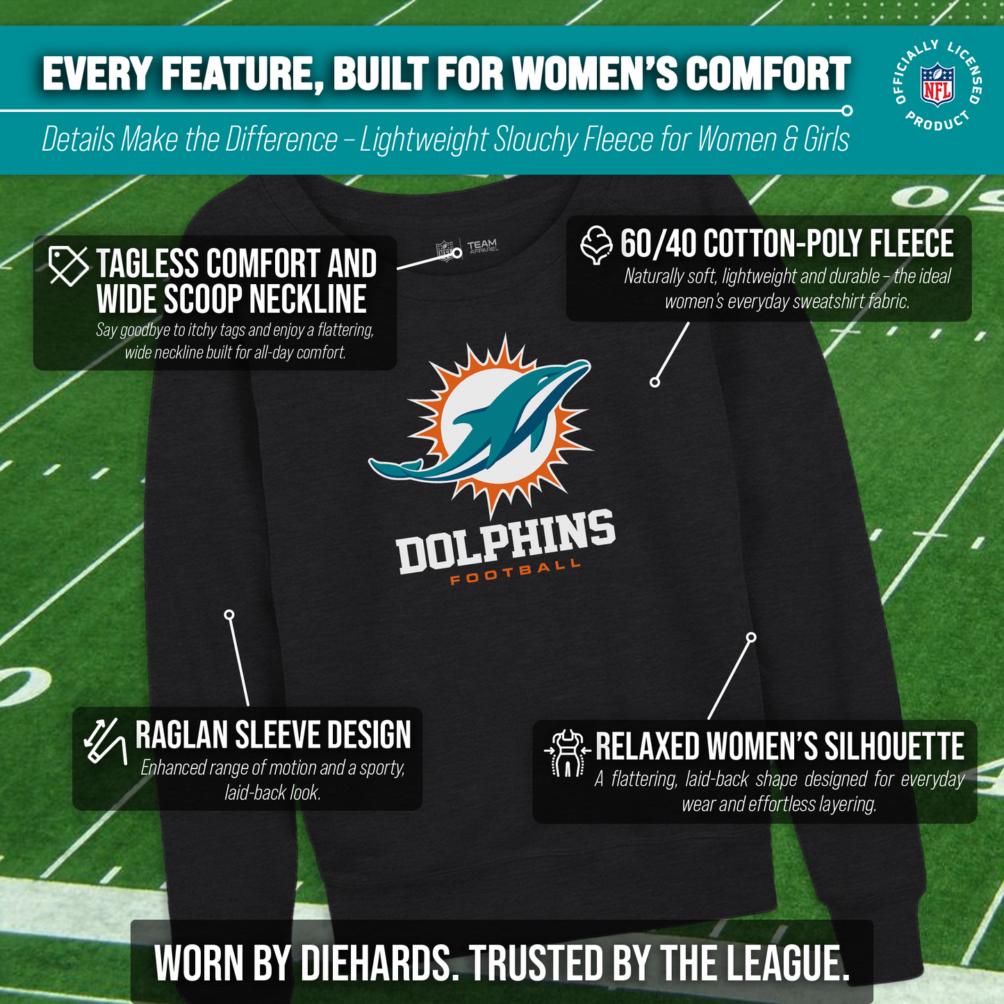 Miami Dolphins NFL Womens Ultimate Fan French Terry Slouchy Top- Raglan Sleeves - Charcoal