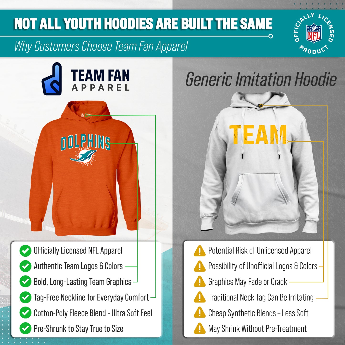 Miami Dolphins NFL Youth Home Team Hoodie- Kids Hooded Sweatshirt - Orange