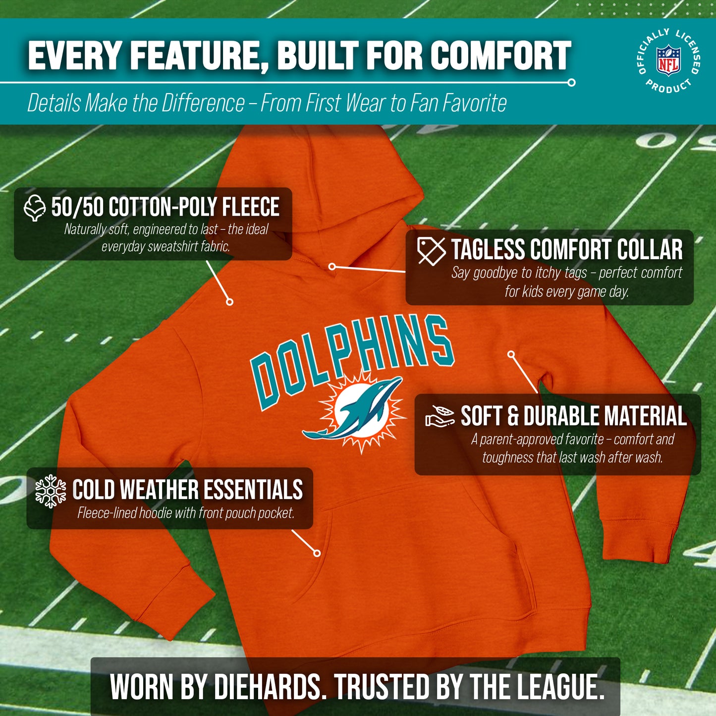 Miami Dolphins NFL Youth Home Team Hoodie- Kids Hooded Sweatshirt - Orange