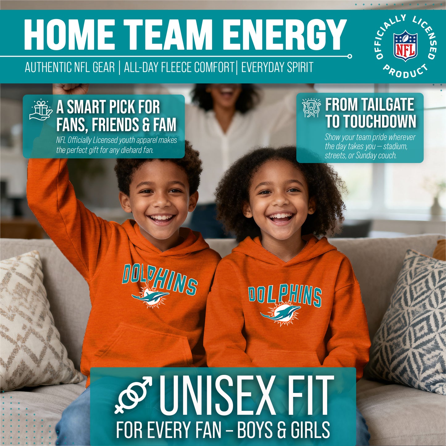 Miami Dolphins NFL Youth Home Team Hoodie- Kids Hooded Sweatshirt - Orange
